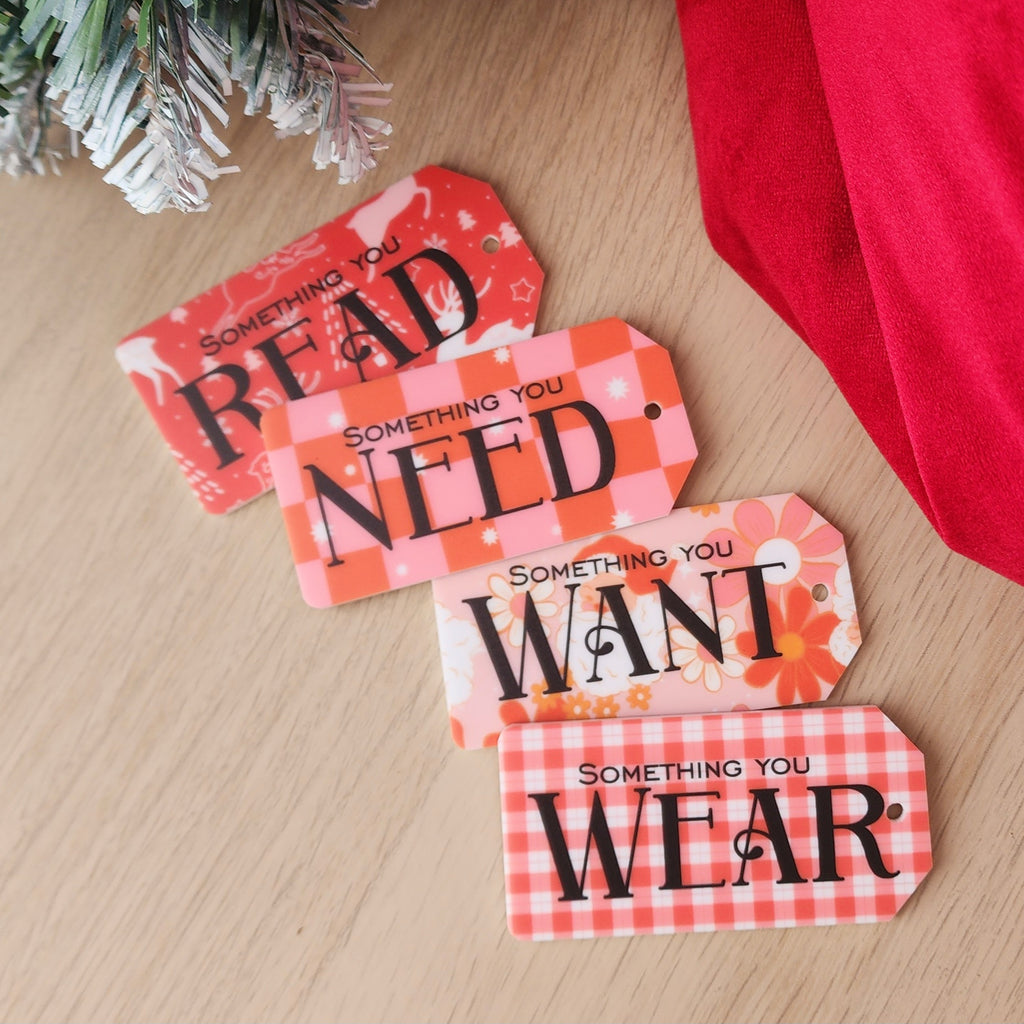 Want, Need, Wear, Read - Printed Background Gifting Tags (various designs)