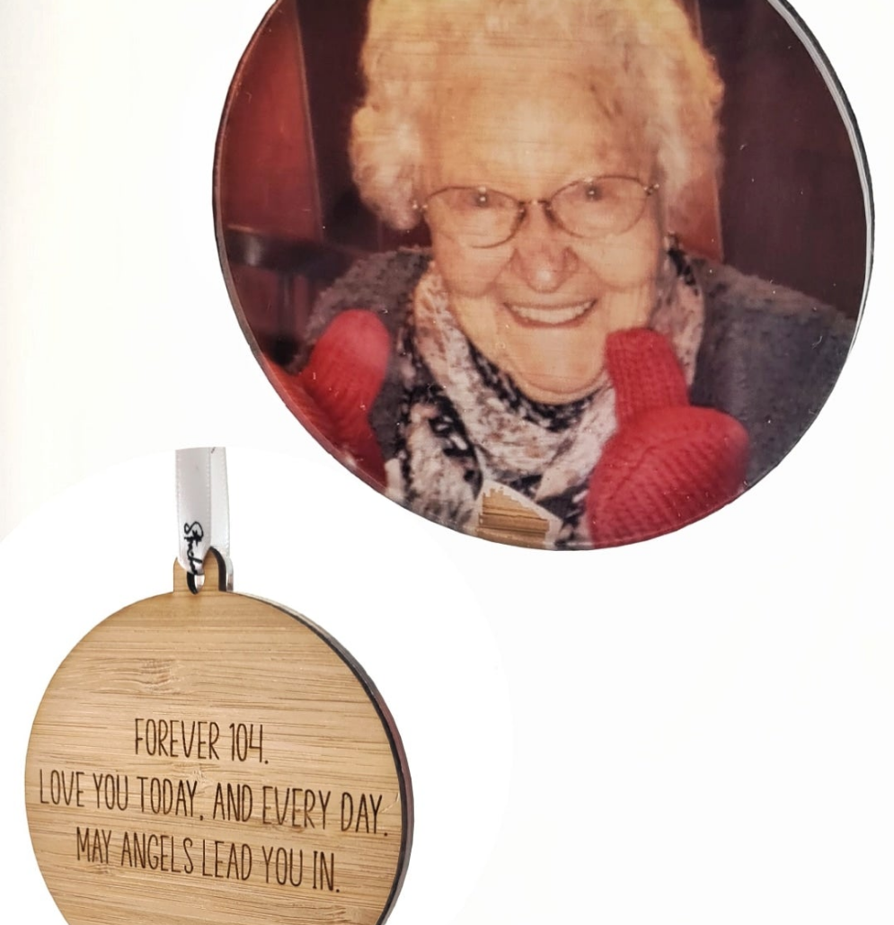 Photo Bauble with text on back - Printed & Wood