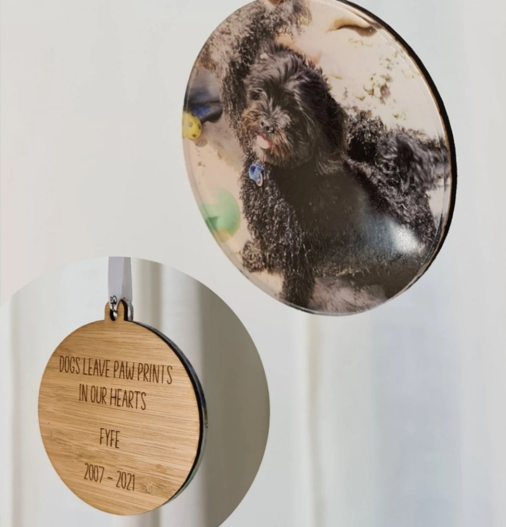 Photo Bauble with text on back - Printed & Wood