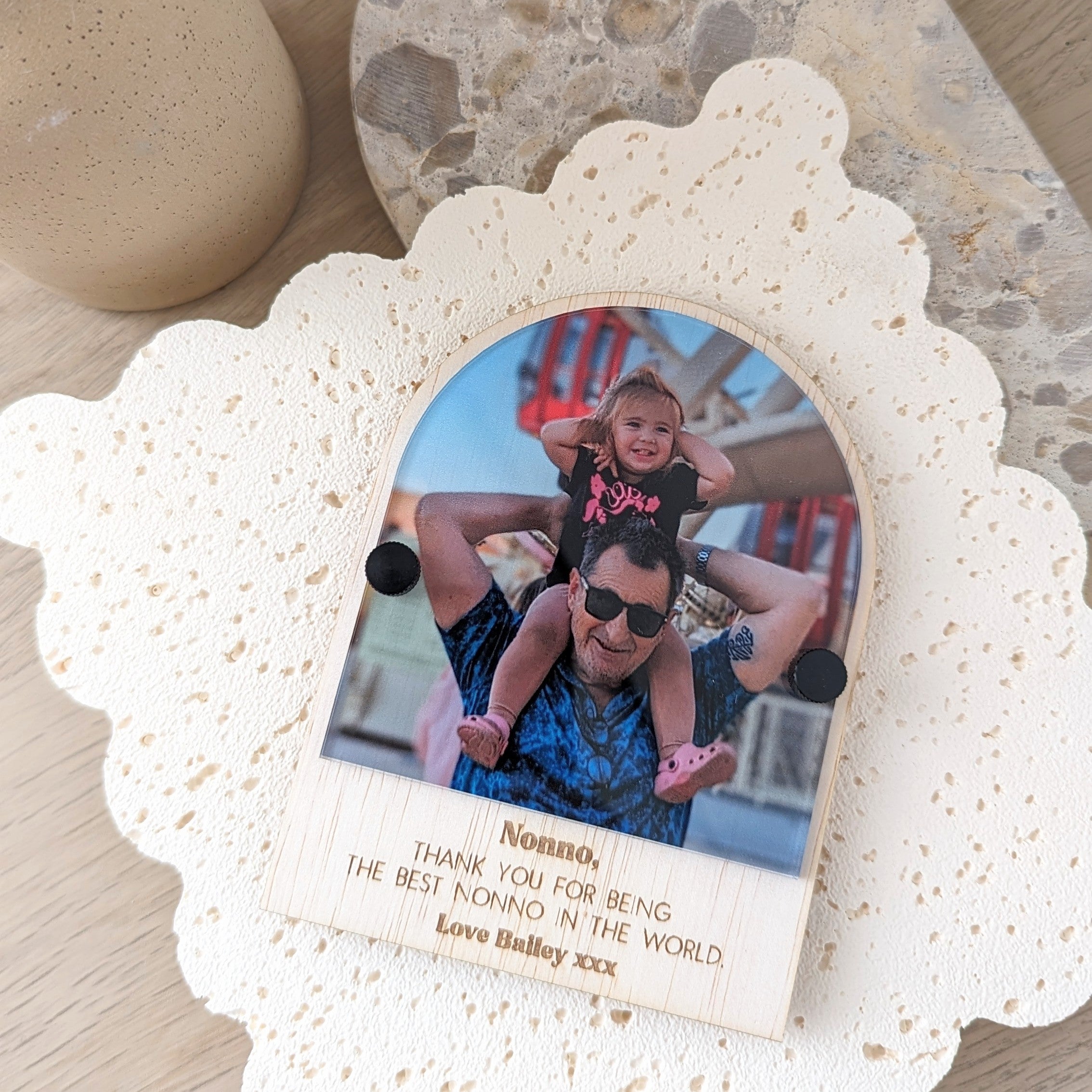 Wooden Arch Photo Magnet with Text