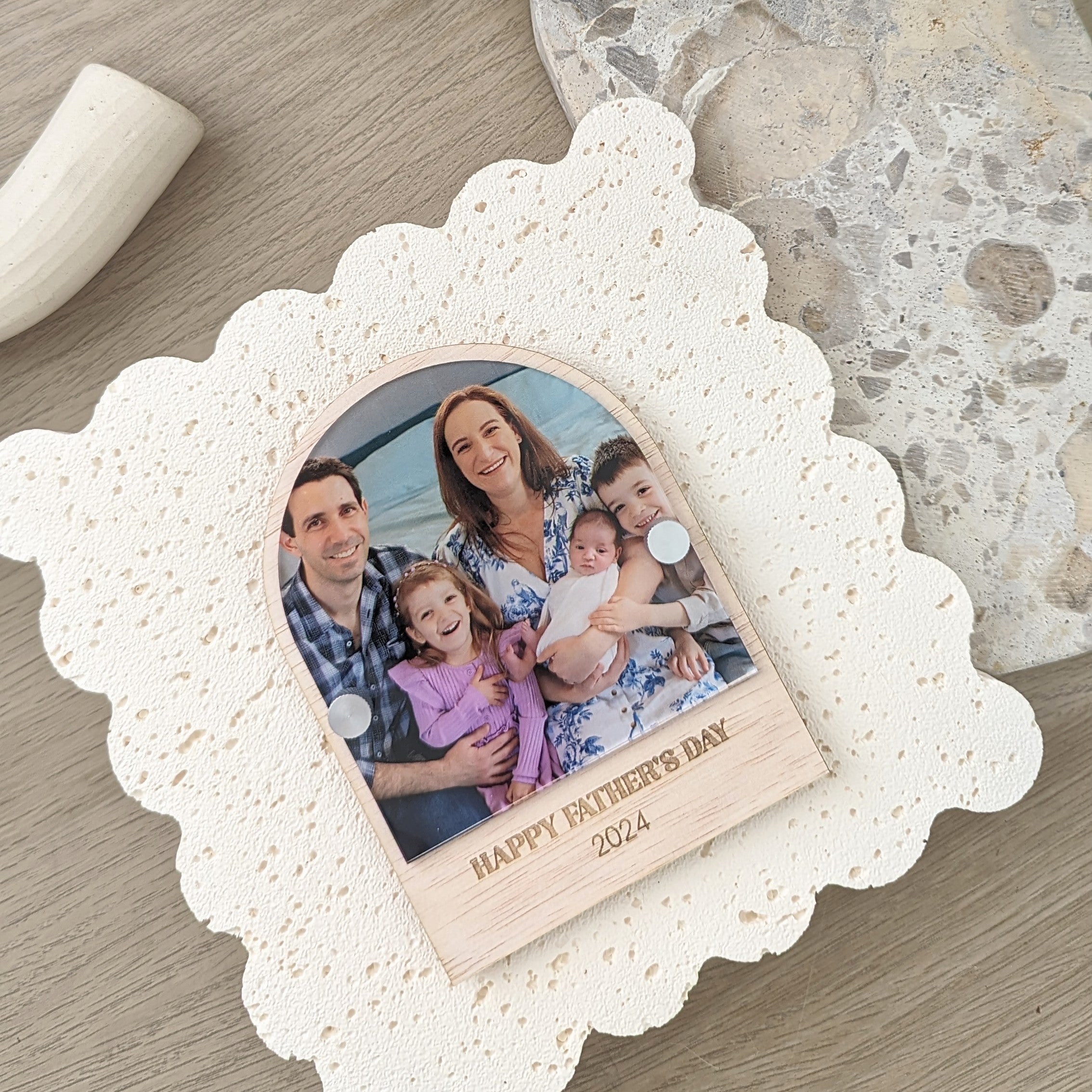 Wooden Arch Photo Magnet with Text