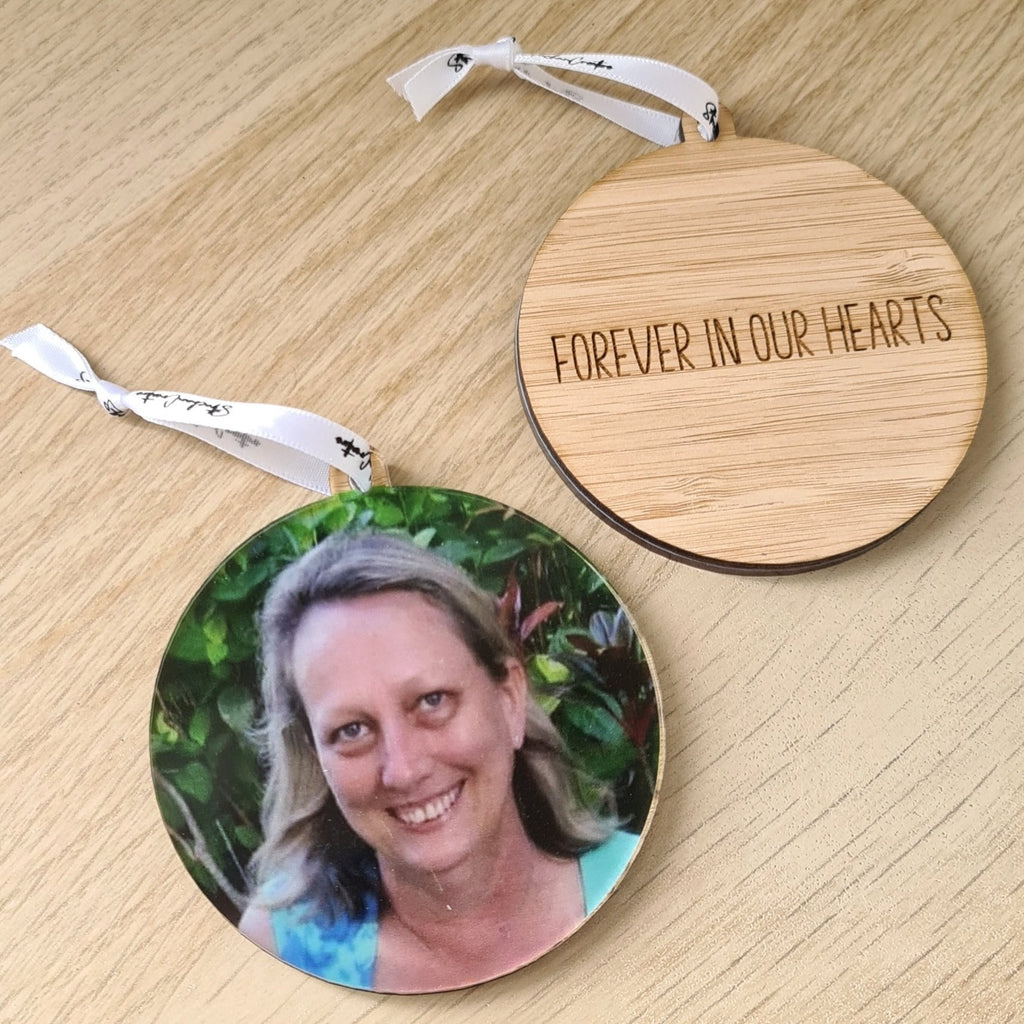 Photo Bauble with text on back - Printed & Wood