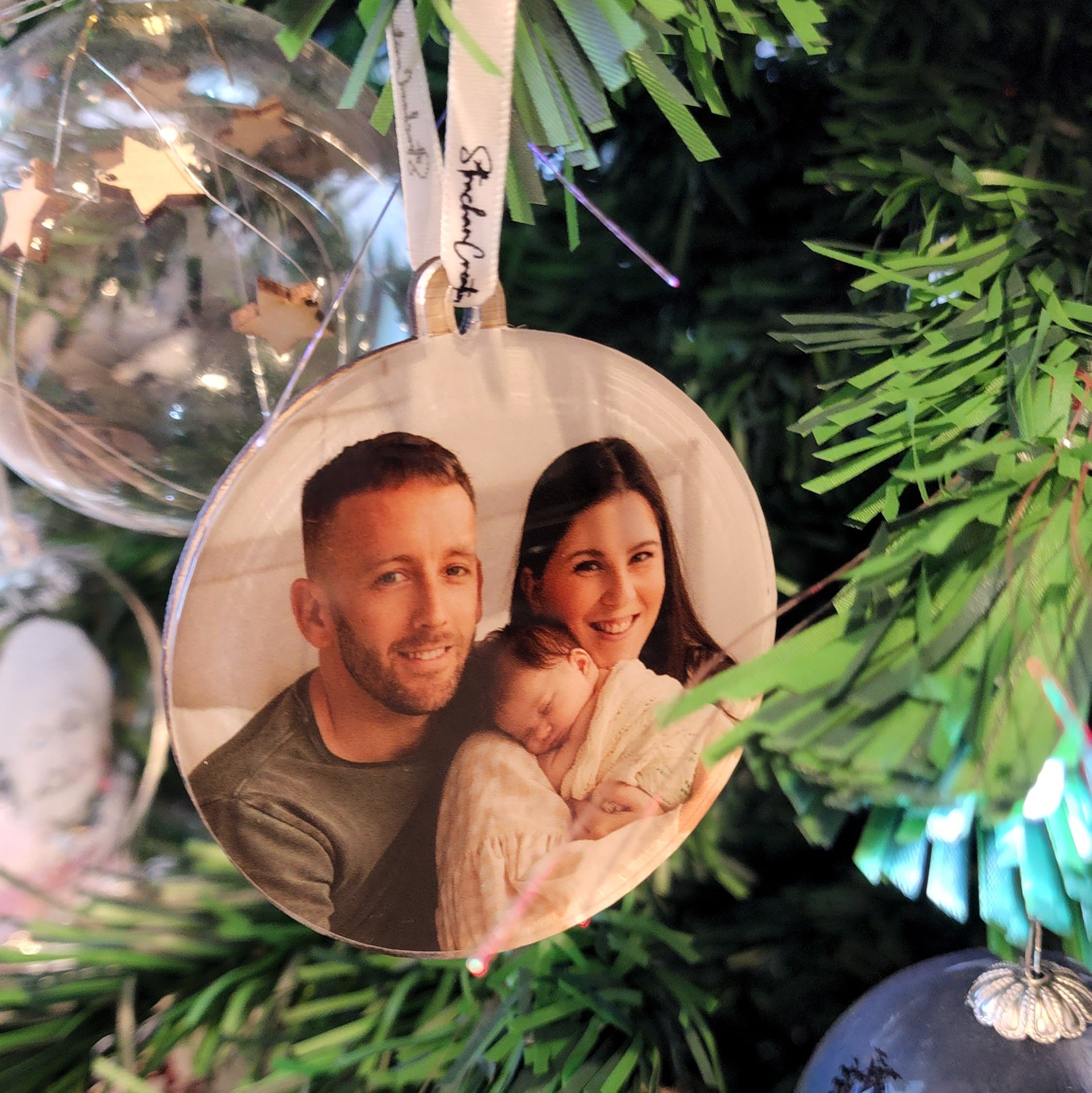 Photo Bauble with text on back - Printed & Wood