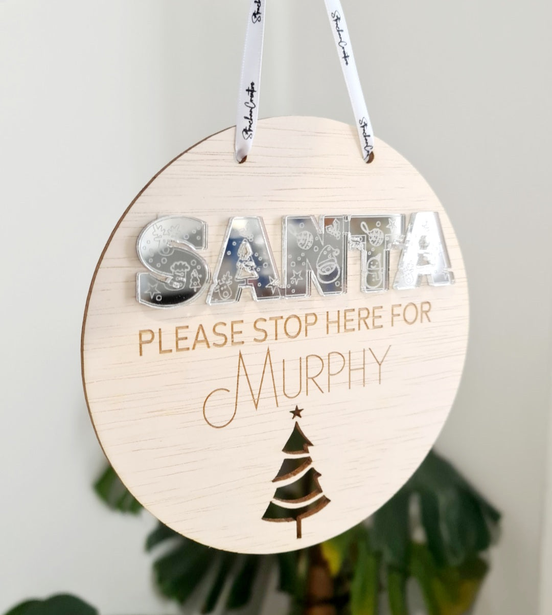 Santa Please Stop Here - Wooden Sign with Acrylic feature