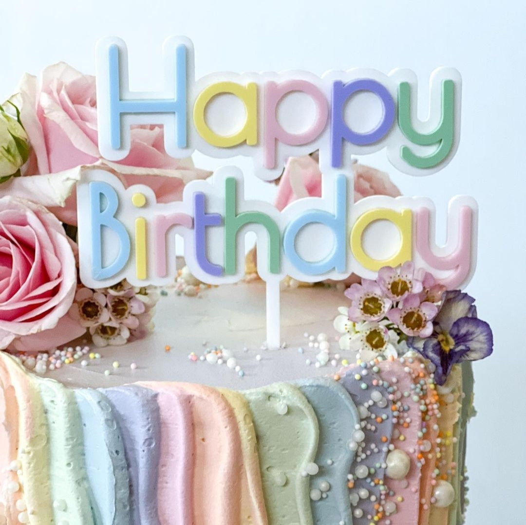 Pastel Rainbow Happy Birthday Cake Topper